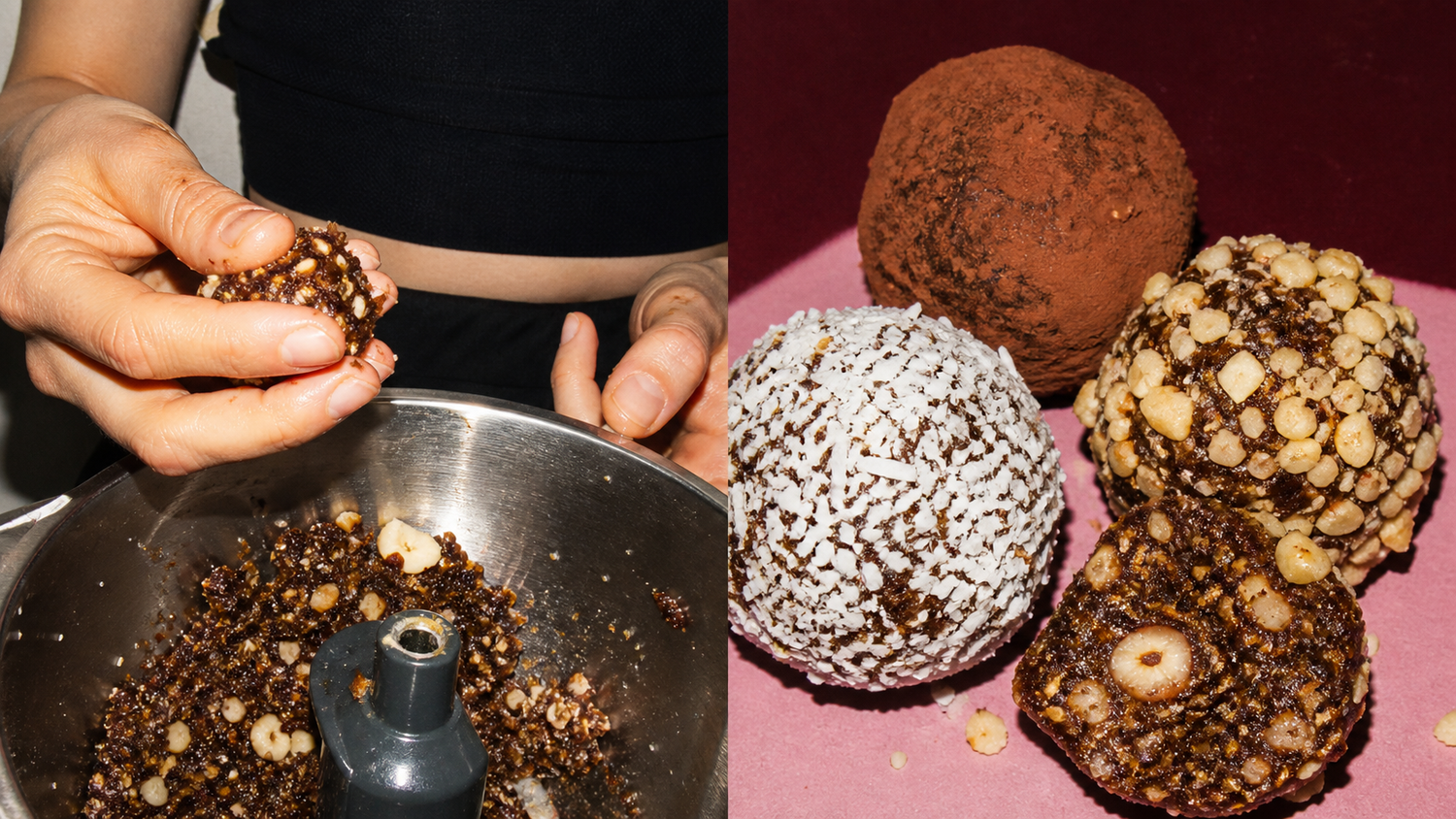 Hands testing hazelnut Energy Ball mixture beside cacao, coconut and crunchy variations
